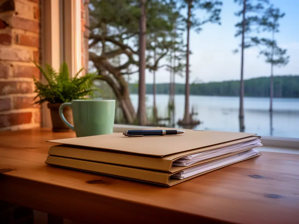 Manila folders, a pen and a green mug by a window onto pines and a wide river